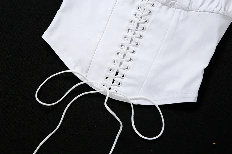 

Square Neck Ruffles Short Sleeve T-shirts Crop Tops 2021 New Sexy Women Push Up Hollow Out Front Open Lace-up T-shirt