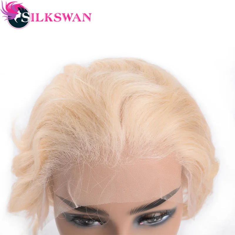 Silkswan волосы короткие Pixie срезанные Парики 150 плотность#613 блонд цвет для женщин натуральные 13*4 человеческие волосы парики бразильские волосы remy