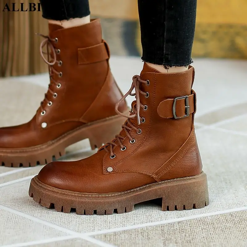 

Женские ботинки из натуральной кожи ALLBITEFO, повседневные брендовые полусапожки на толстом каблуке, вечерние полусапожки для женщин