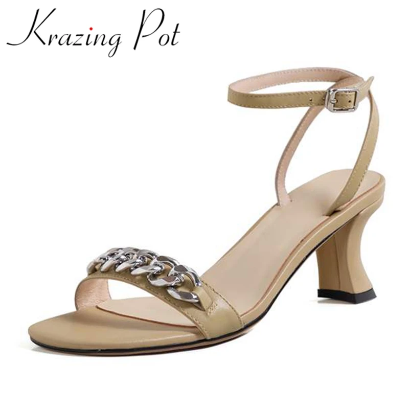 

Krazing Pot genuine leather round toe high heels metal fasteners simple style summer shoes buckle straps mules women sandals L20