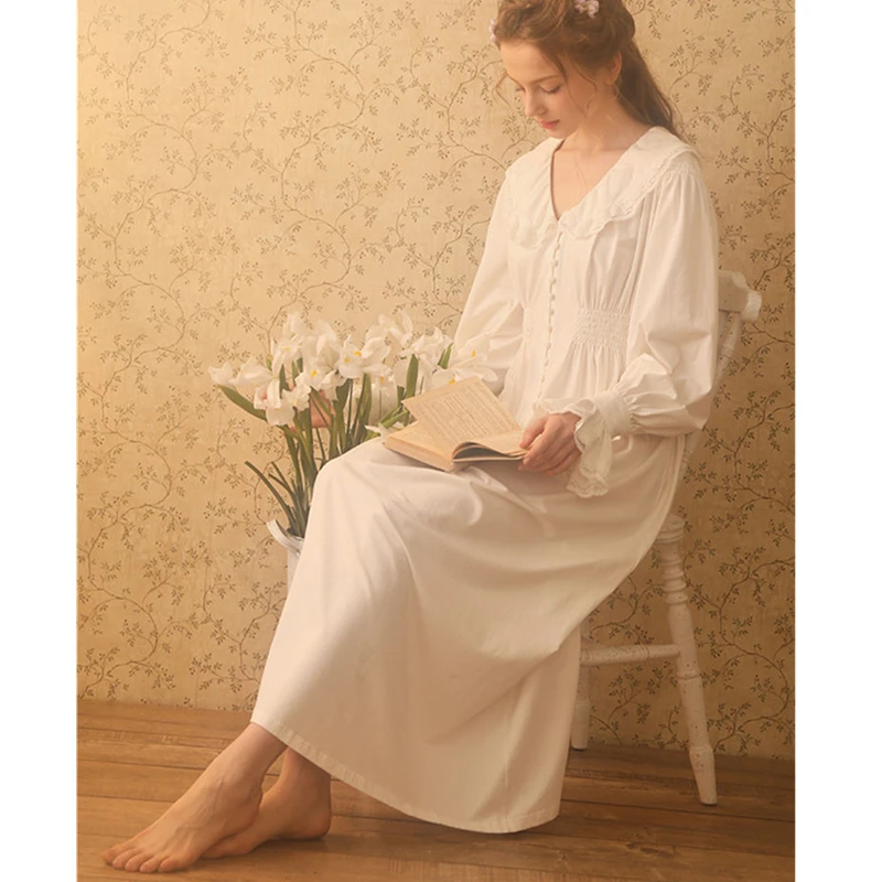 2020 осенняя одежда для сна винтажная белая хлопковая ночная рубашка размера плюс