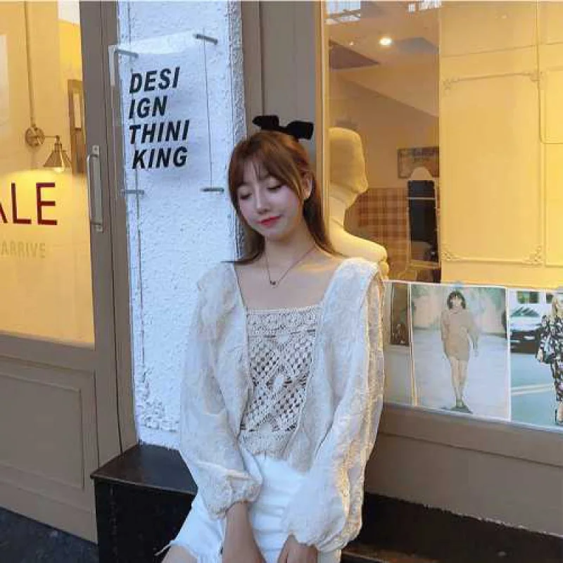 

Sweet style Summer Spring Women Hook Flower Tops Hollow out Lantern Sleeve Ruffle blouse Short design Casual shirt