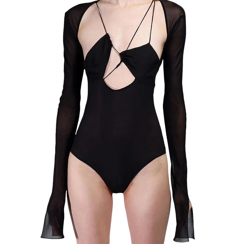 

Holoow Out Patchwork Playsuits Women Autumn Long Sleeve Black Clubwear Rompers 2021 Solid Bodycon Swimwear Bodysuits Damskie