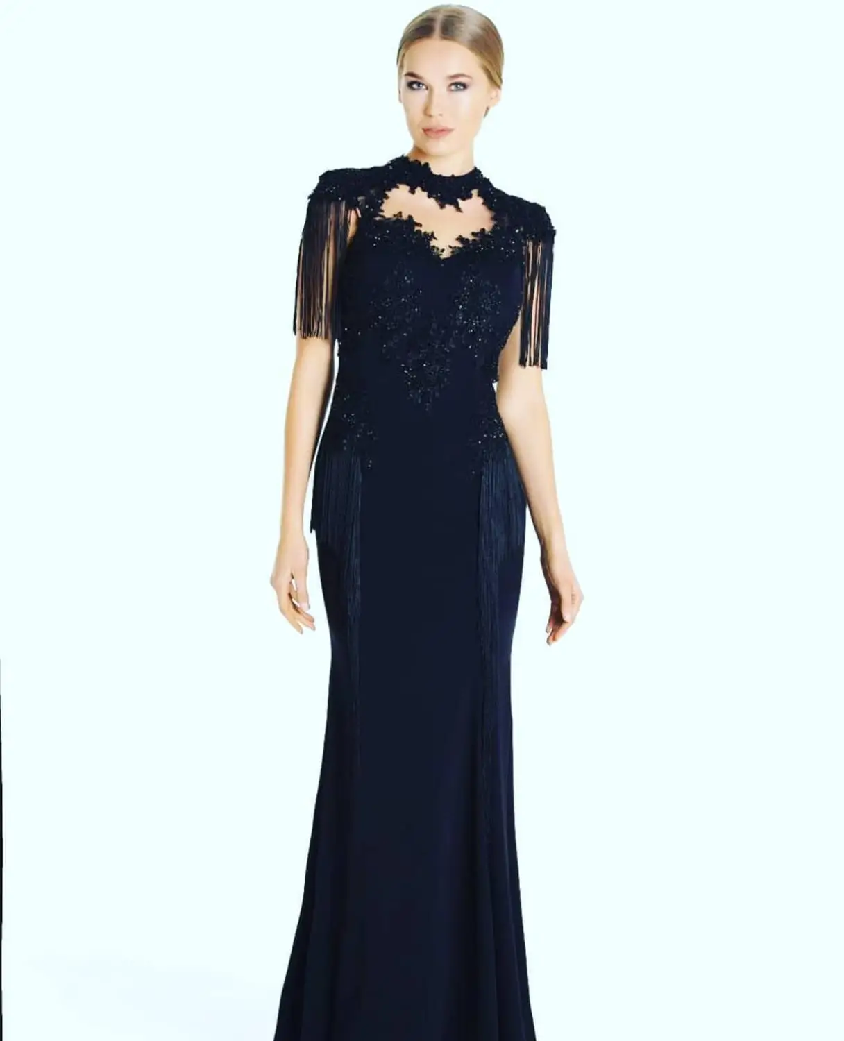 

Black Prom Dress 2021 Mermaid Black Open Back Sexy Women Formal Party Gown Court Train High Neck Crystal Lace Appliques Charming