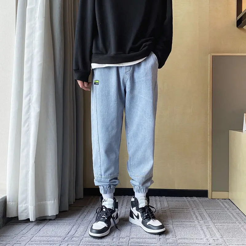 

2020 Autumn New Man's Straight-through Solid Color Jeans Loose Bound Feet Youth Fashion Casual Pants M-5XL