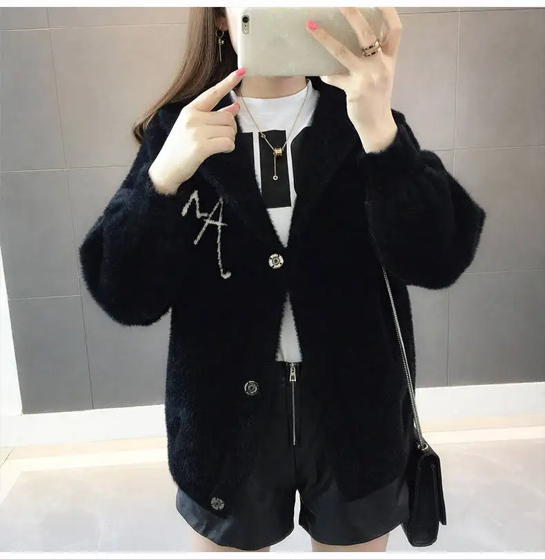 Women Mink Fur Jacket Autumn Winter Women Coat Loose Embroidered Thick Velvet Hooded Sweater Female Cardigan