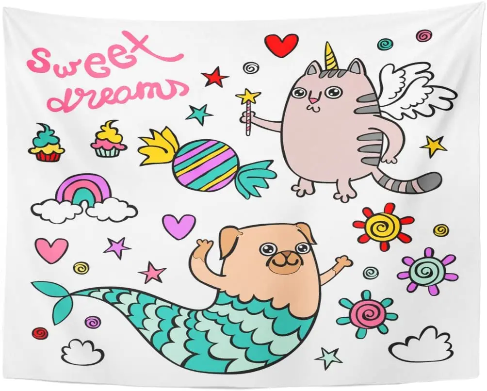 Dog Sweet Dreams Unicorn Cat Pug Mermaid and Rainbow Objects on White Candies Chocolate Tapestry Wall Hanging for Living Room