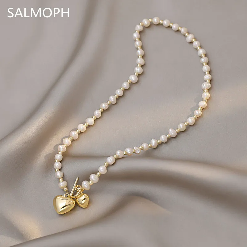 

Baroque Natural Freshwater Pearl Necklace Gold Heart Pendant Collarbone Chain Women New Trend Contracted Jewelry Accessories