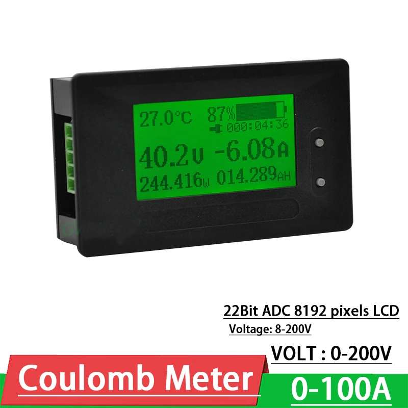 

DC Coulomb Meter Battery monitor 200V 100A Lifepo4 lead-acid Li-ion lithium capacity power display 12V 24V 48V 60V 72V Shunt