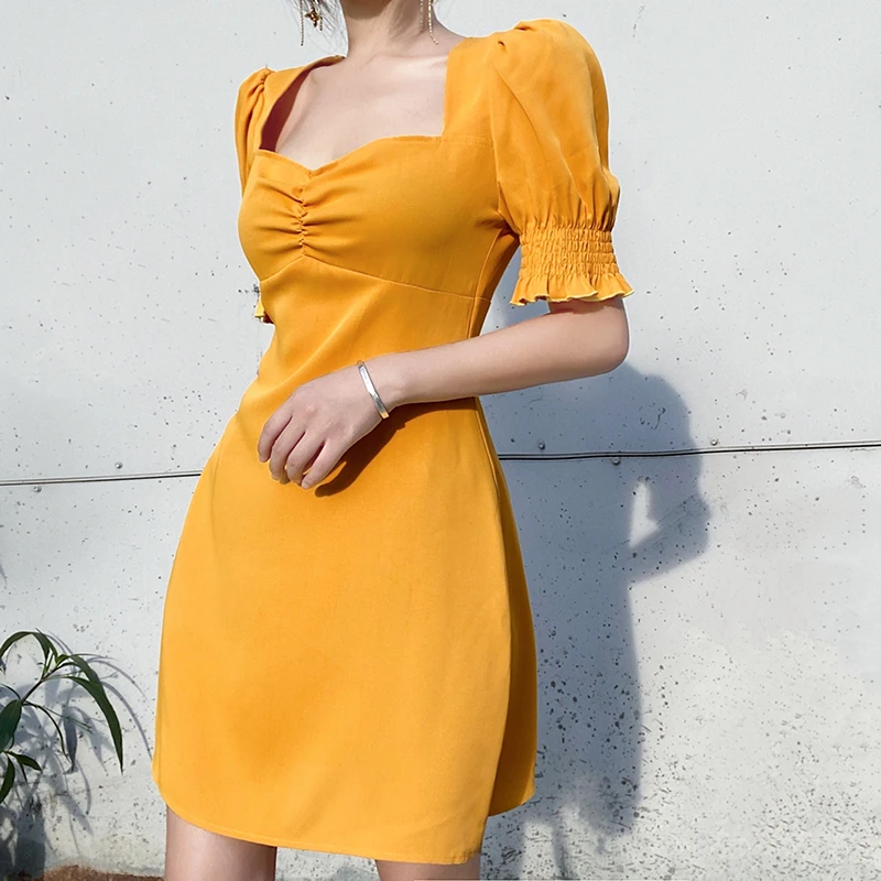 

Rapcopter Vintage Mini Dress Summer Yellow Short Dress Korean Square Collar Dress Puff Sleeve Party Dress Ruched Sundress 2021