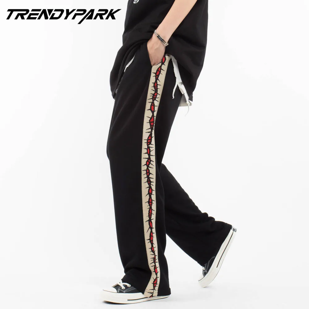 Мужские брюки с вышивкой по бокам Черные Мешковатые шаровары уличная одежда