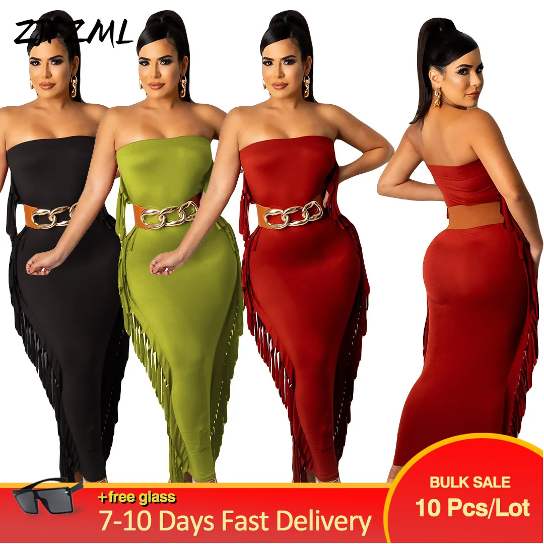 

Bulk Lots Wholesale Items Early Autumn Cold Shoulder Wrap Chest Maxi Dress Women Vintage Side Tassels Sleeveless Straight Dress