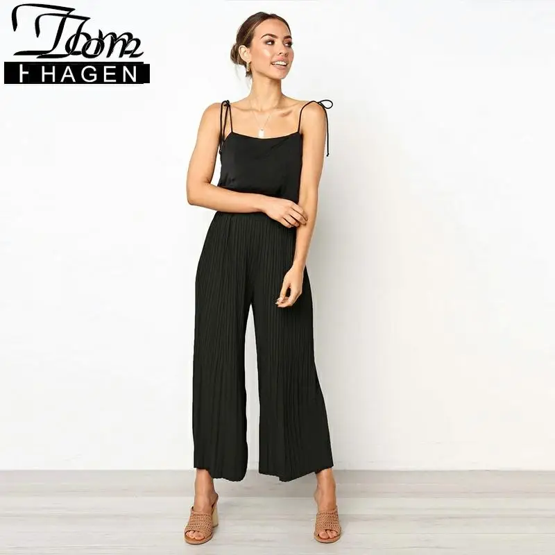 Брюки женские черные с завышенной талией плиссированные штаны широкими