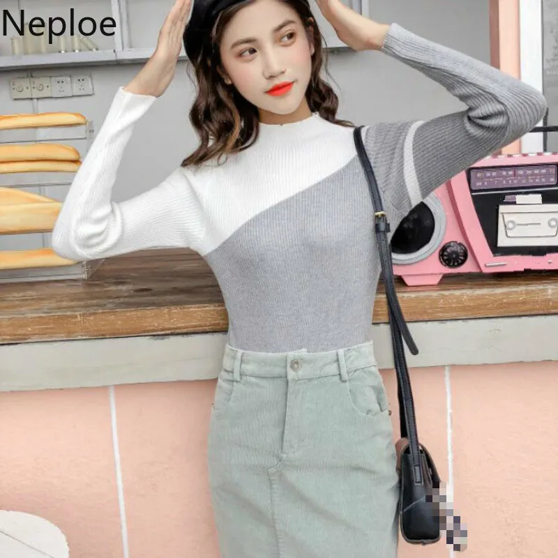 Neploe Bottom Sweater Women 2020 New Autumn Winter Fashion Half High Collar Skinny Slim Pull Femme Color Match Knit Top 46647 | Женская