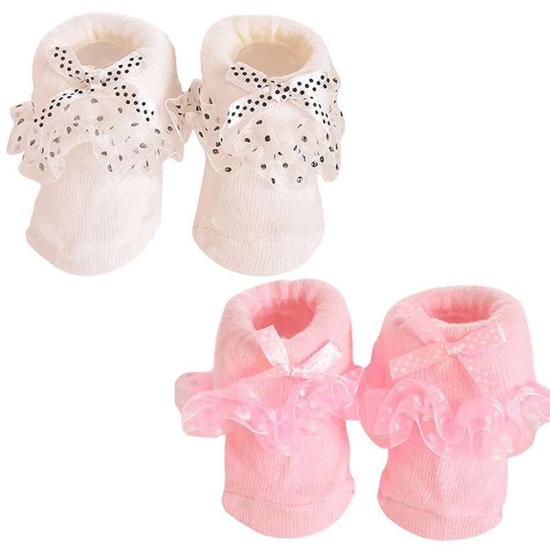 Детские носки для малышей короткие принцессы в горошек с кружевом и бантом