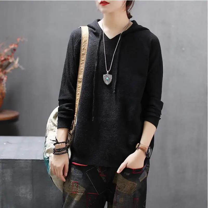 Johnature Pullovers Sweater Women Clothes 2019 New Autumn Hooded Casual Full Sleeve Knitted Solid Color All-match | Женская одежда