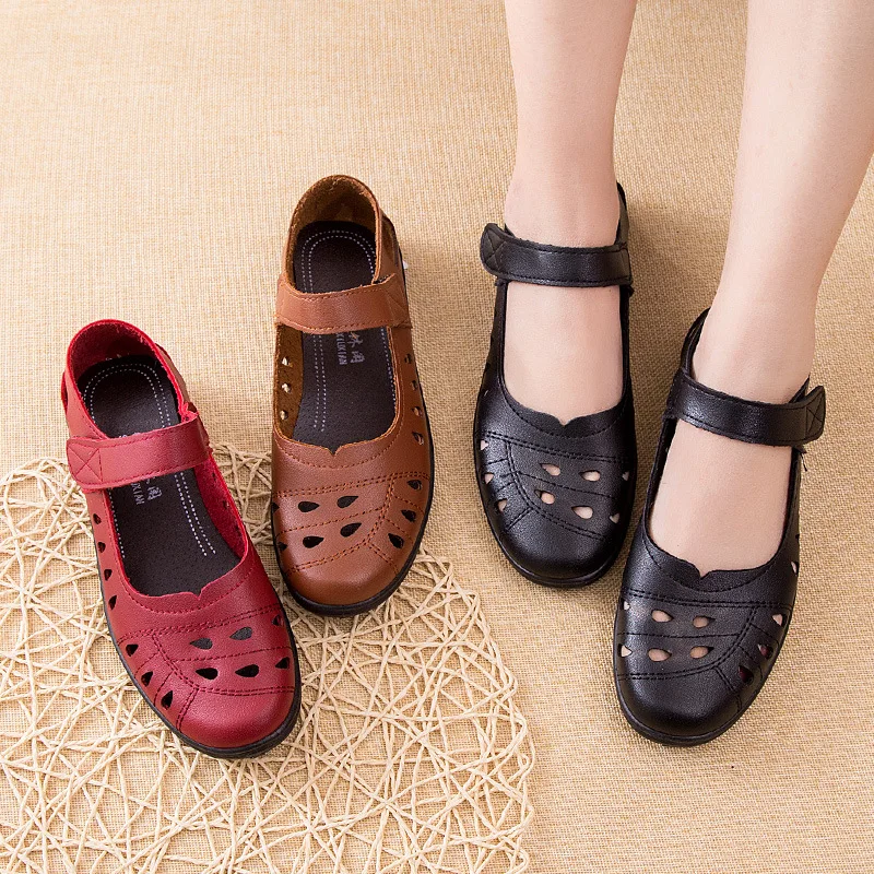 

Retro Soft Leather Shoes Women Spring Flat Shoes Hook Loop Hollow-out Ballet Sandals Mocasines Mujer Summer Ladies Loafers Woman