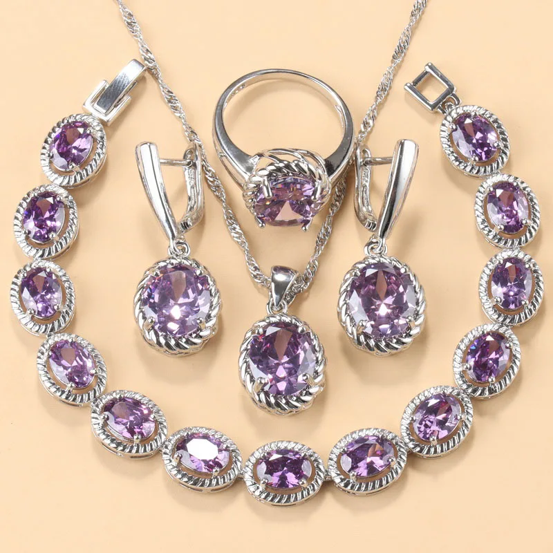 

Wedding Ring Set Sterling Silver 925 Bridal Costume Oval Purple Crystal Earrings And Necklace Pendant For Women Gift