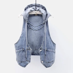 Модный съемный стильный женский жилет для студентов, куртка без рукавов, пальто, Женский Повседневный облегающий короткий синий джинсовый жилет