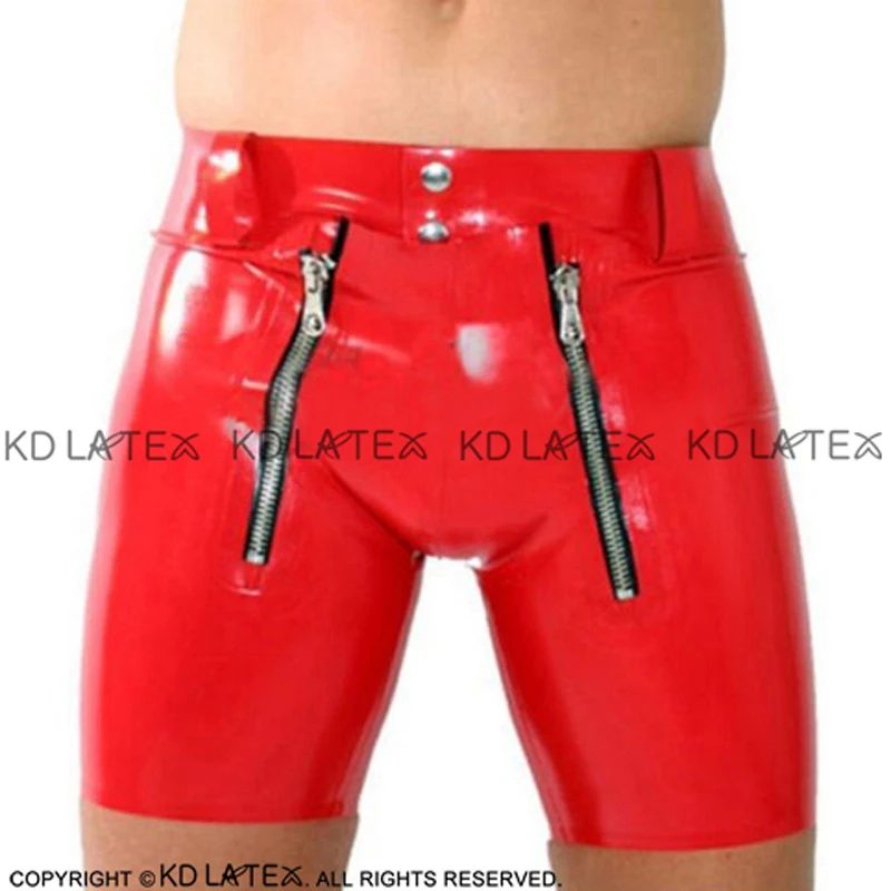 

Red Sexy Latex Boxer Shorts With Three Zippers Open Holds Rubber Underpants Underwear Briefs DK-0183
