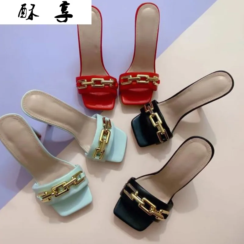 

2021 Summer Elegant Women's Slippers Fashion New Metal Chain Decoration High Heels Women's Slippers Square Toe Women's Shoes
