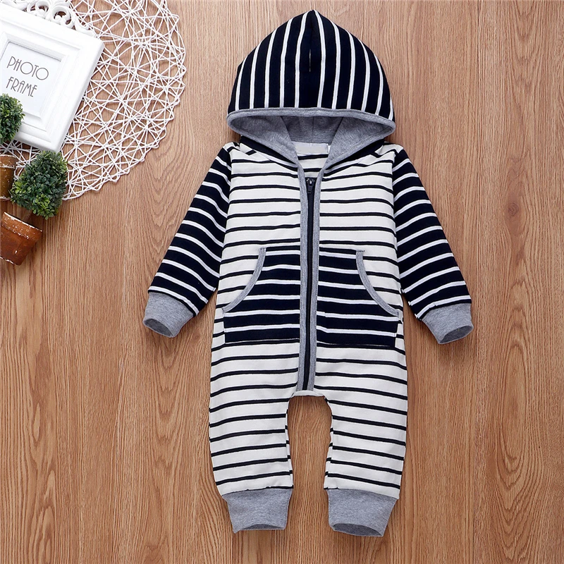 Baby Spring Autumn Clothing Toddler Kid Boys Striped Hooded Romper Jumpsuit Clothes Pocket Patchwork Outfits |