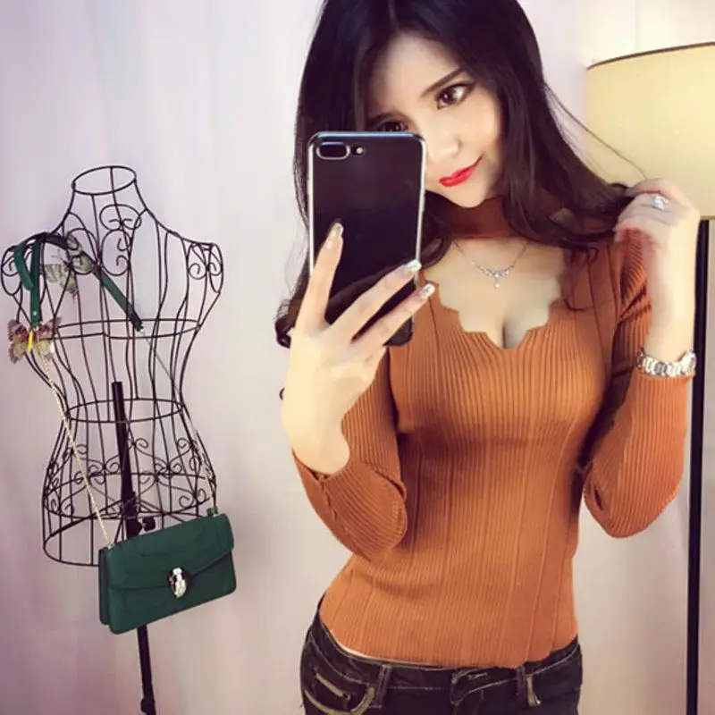 

Spring and autumn black sweater women's new knitted bottoming shirt versatile short slim sexy V-Neck long sleeve top