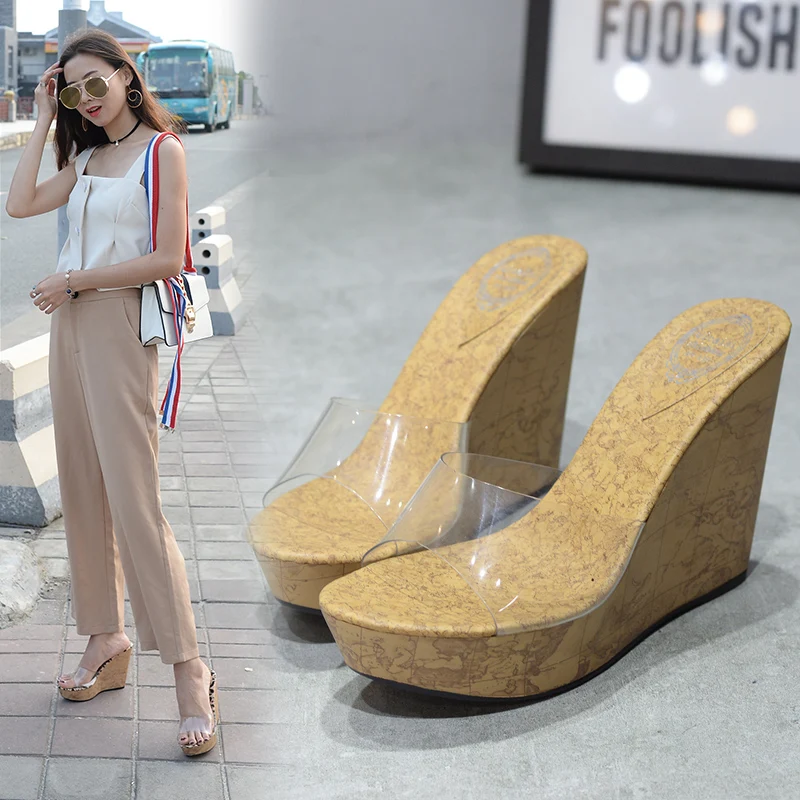 

Transparent Wood Grain Super High Heel Sexy Wedge Slippers Fashionable Wild Leopard Beach Holiday Temperament Wedge Slippers