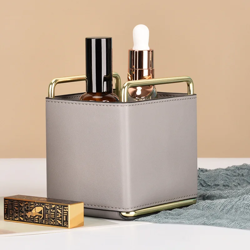 

2021 leather cosmetics metal storage box eyebrow pencil lipstick makeup brush pen holder debris storage box Nordic ins ornaments