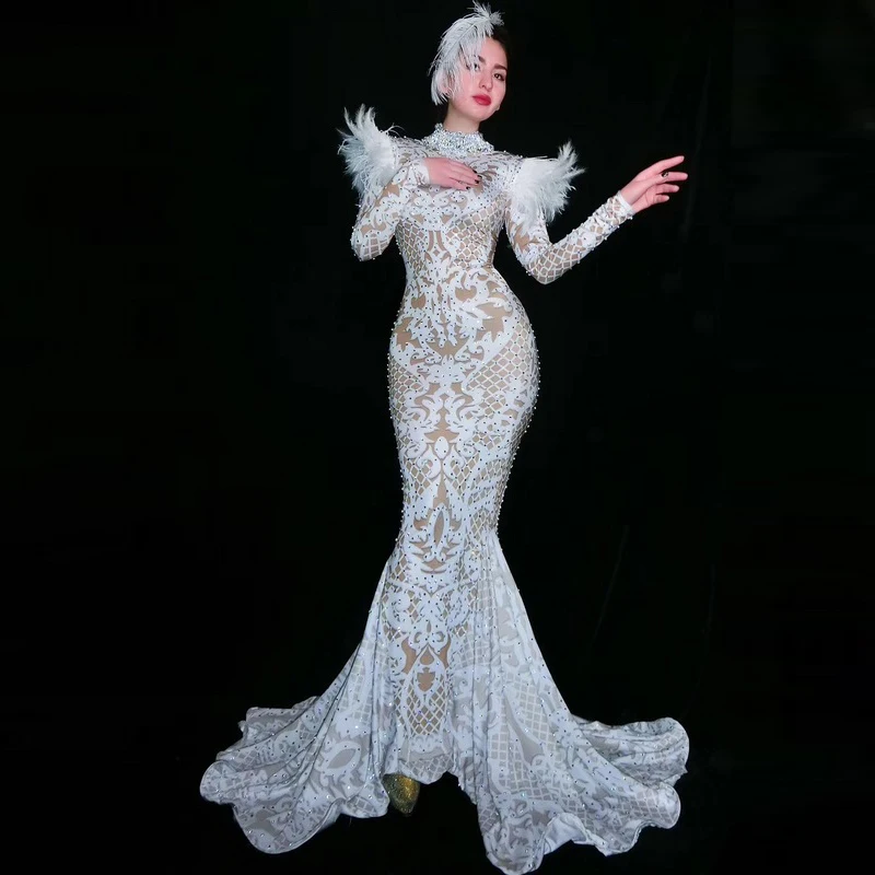 

Sexy Feather Lace Long Sleeve Elegant Dress Women 2021 Birthday Prom Celebrate Evening Party Elegant Dress Singer Stage Costume