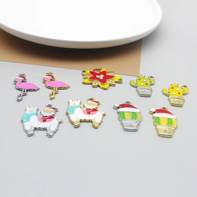 

10PCS Christmas Cactus Alloy Christmas Hat Flamingo Alpaca Elderly Holiday Earrings Jewelry Accessories Materials