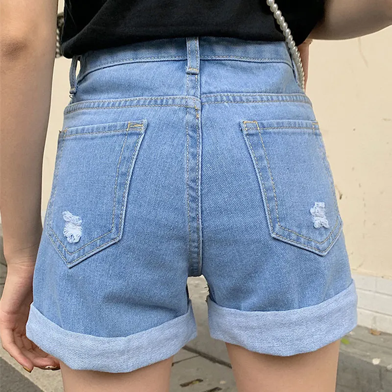 Повседневные свободные широкие шорты на пуговицах с дырками женские джинсовые в