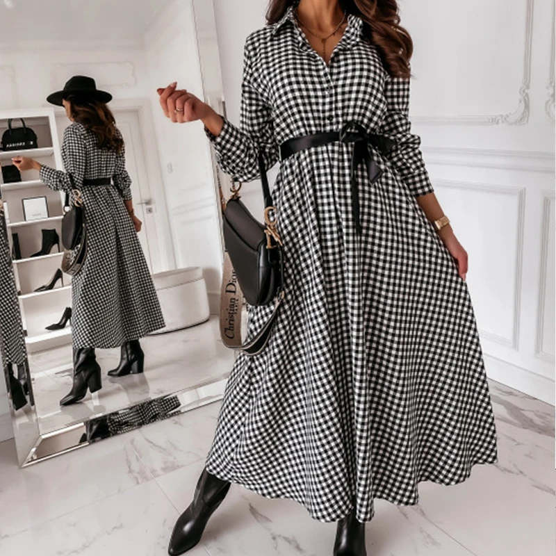 

Women Vintage Plaid Print Long Sleeve Ruffle Dress Elegant Turn-Down Collar Sashes Party Dress Autumn Casual Female Button Dress