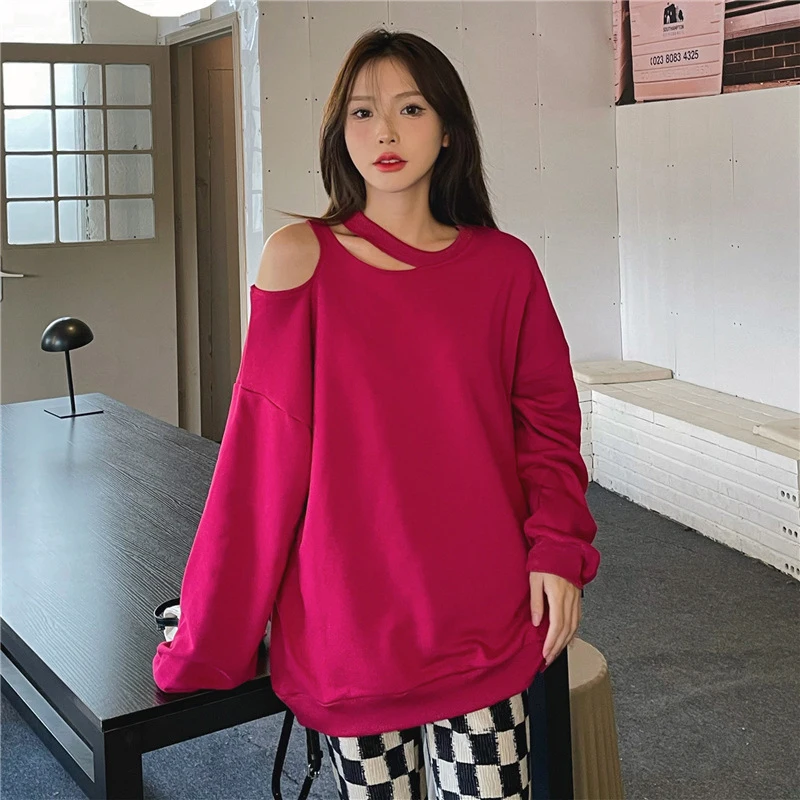

Autumn Solid Cold Shoulder Halter Neck Long Sleeve Women T Shirts Fashion Sexy Harajuku Oversized Streetwear Clothing Red Green