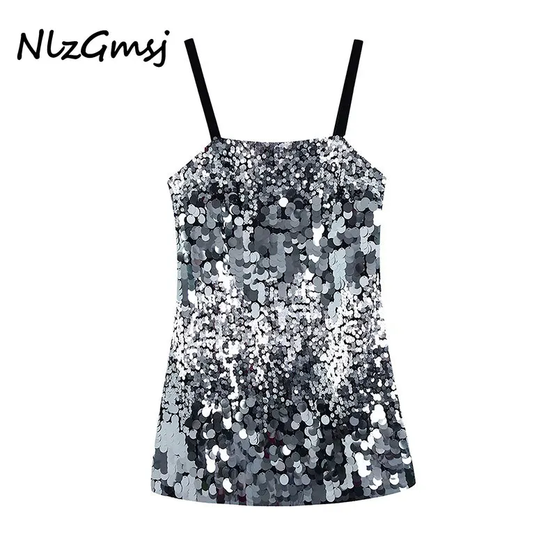

TRAF Za Women 2022 Silver Sequined Backless Sexy Dress Women Off Shoulder Mini Dress Christmas Party Club Strap Dress 202111