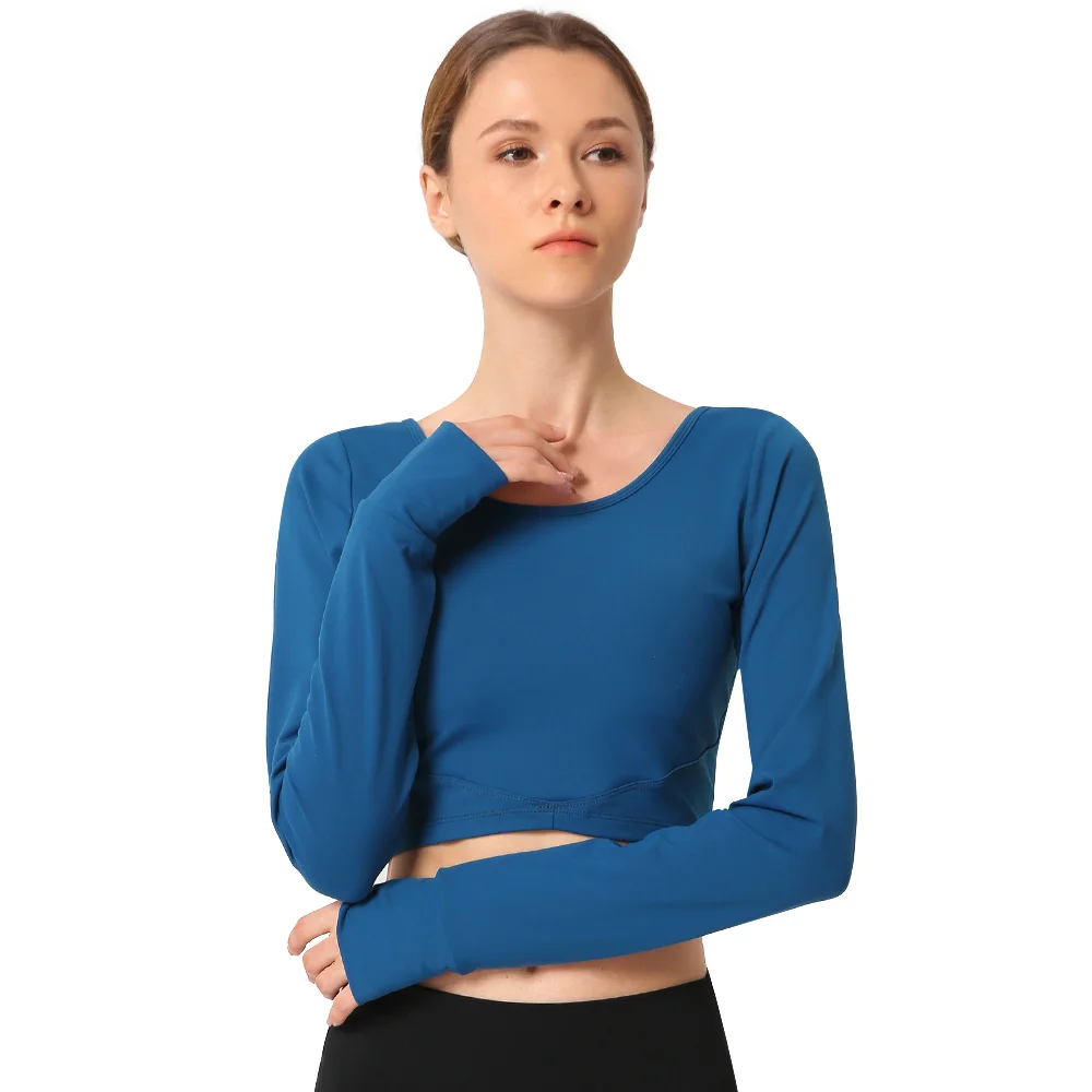 

Gym Clothing Yoga Crop Top For Fitness Sportswear Nylon Backless Slim Long Sleeve Sport Women T-Shirts Padded Workout Clothes
