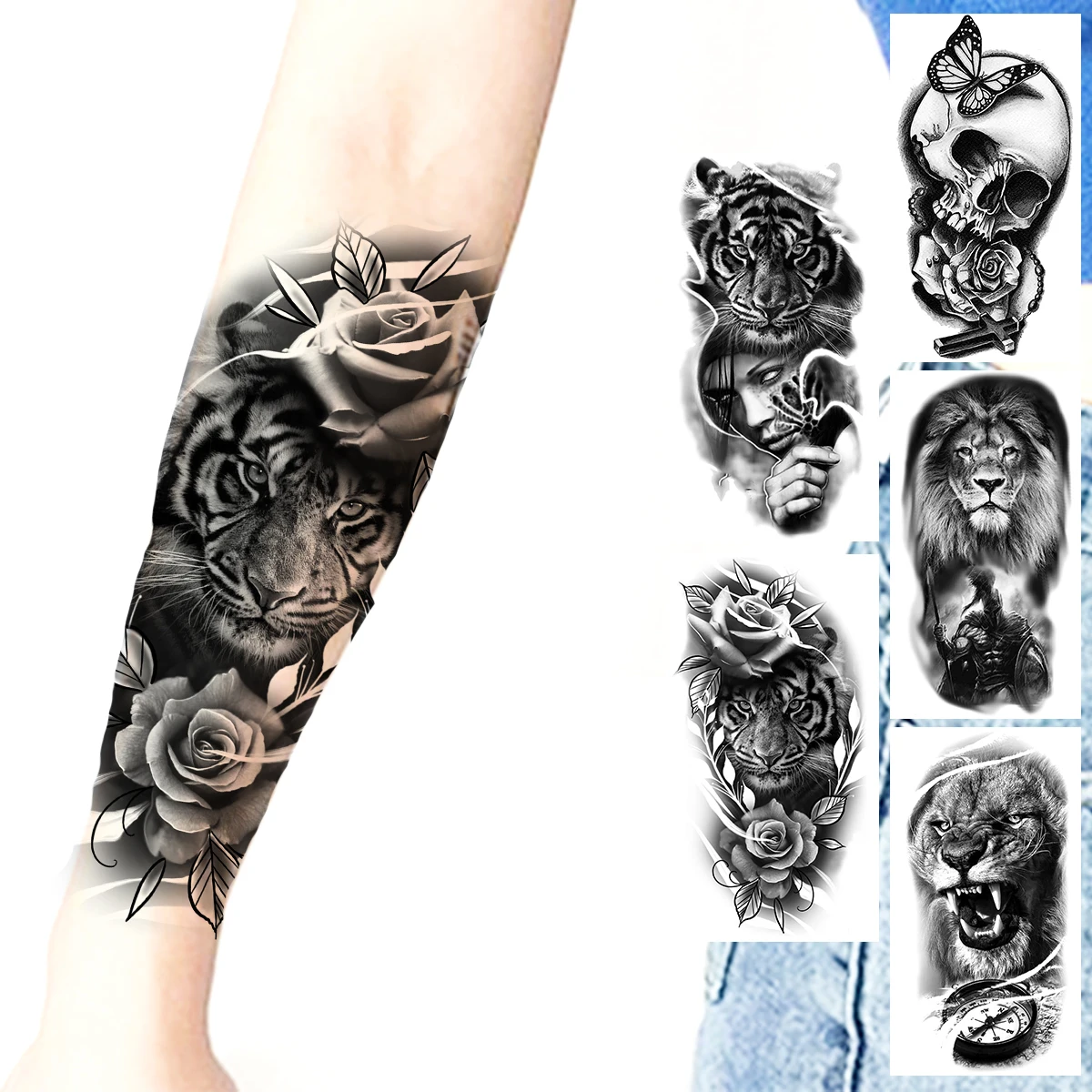 

Black Tiger Flower Temporary Tattoos For Women Adults Realistic Skull Lion Knight Compass Fake Tattoo Sticker Forearm Tatoos DIY