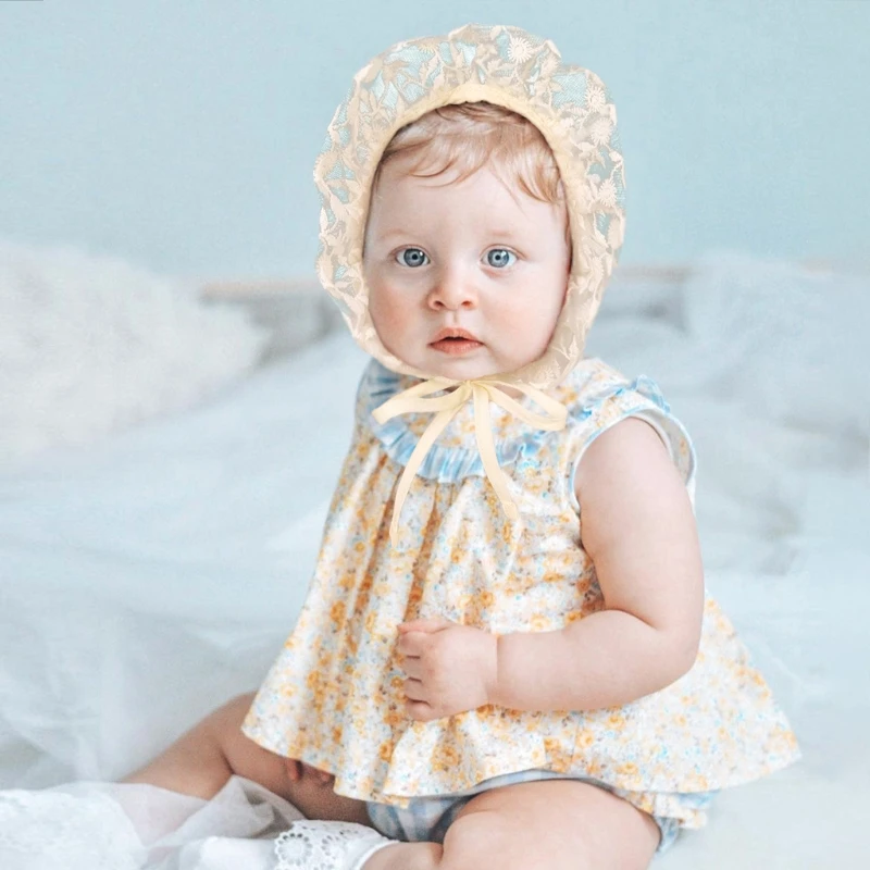 

85DE Lace Flower Sun Hat Cotton Beanie Bonnet Cap Newborn Photography Props for Baby Toddler Infant Girls Boys Shower Gifts