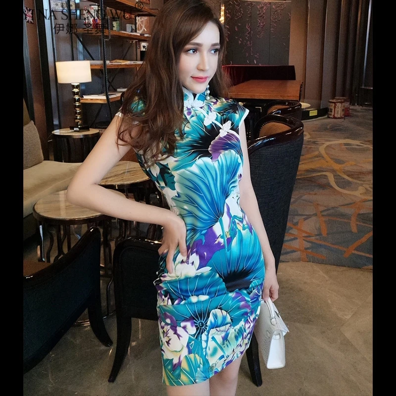 

Для женщин Cheongsam японская мода Стиль ретро тонкие в традиционном китайском стиле Цветочный принт Qipao, привлекательные облегающие вечерние свадебное платье