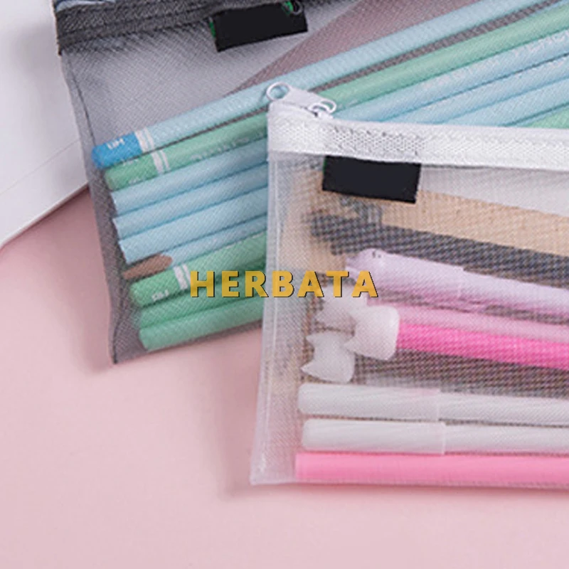 Creative simple transparent gauze large-capacity portable zipper pencil case student stationery bag pouch desk organizer | Канцтовары
