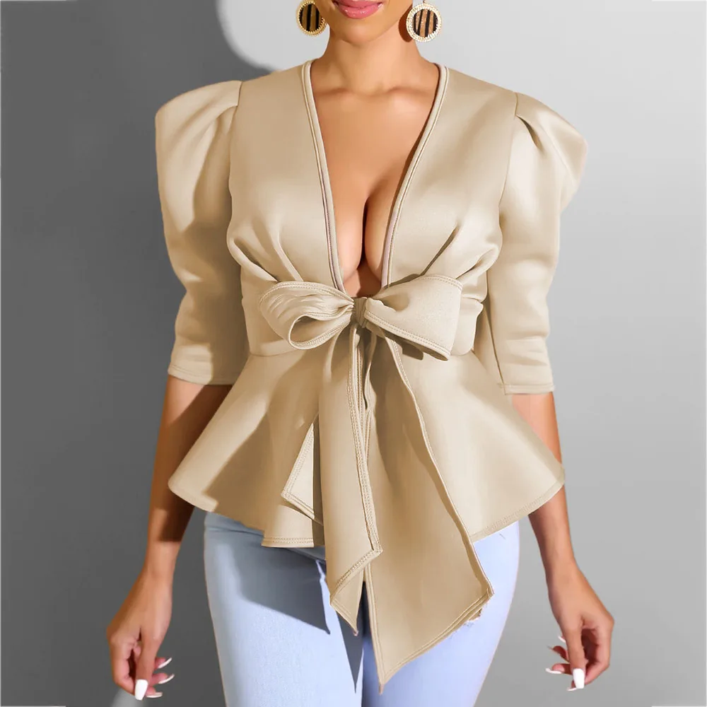 Элегантная женская рубашка с рюшами блузки v-образным вырезом и бантом