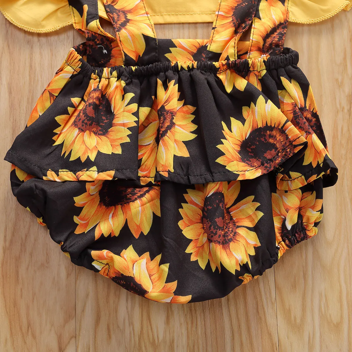 

2021 Summer Baby Infant Newborn Girls Bodysuits Sunflower Patchwork Ruffled Sleeve Jumpsuit Headband 2Pcs Set
