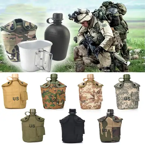 1 l a bottle for water in the open air, in a military style, with an aluminum cup for cooking, a bag for a kettle, for camping, hiking, p ...