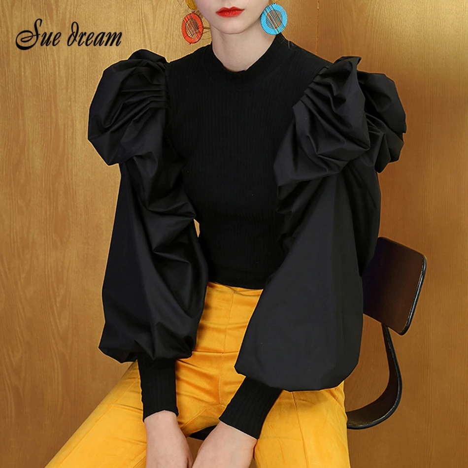 Осенняя Женская мода 2020 тонкая трикотажная рубашка с рукавами фонариками