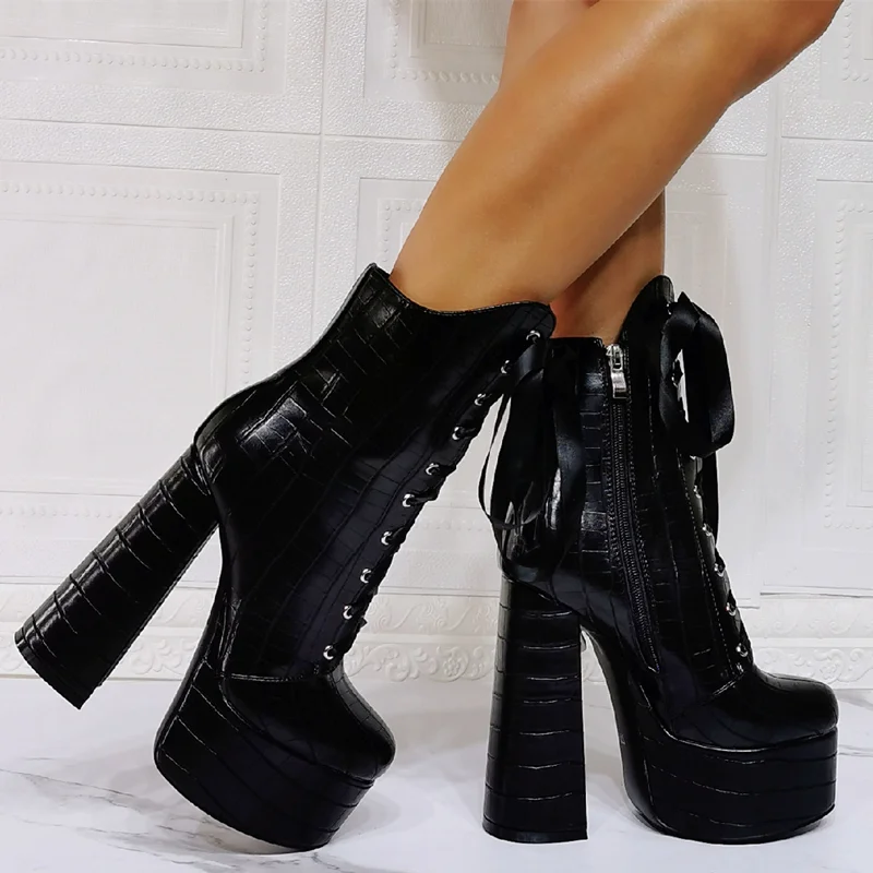 Winter Shoes Boots Black Chunky High Heel Platform Ankle Boots Stone Print Round Toe Fashion Short Booty Lace Shoes Zip Size 47