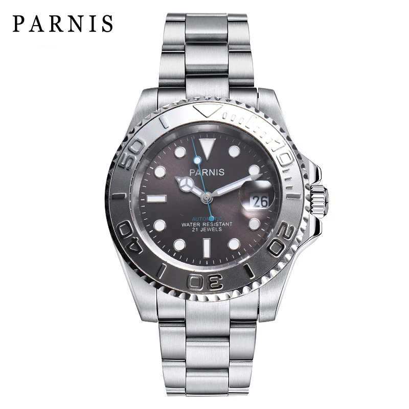 Мужские механические часы с календарем PARNIS Серебристые 40 мм браслетом из