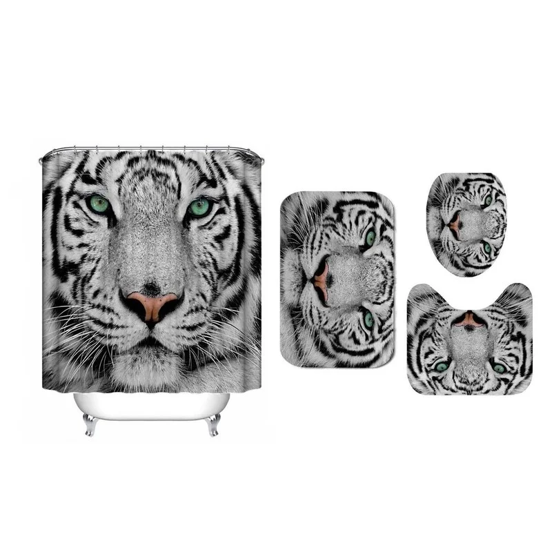 

4PCS White Tiger Animal Style Shower Curtain Bathroom Carpet Rug Toilet Cover Mats Decoration