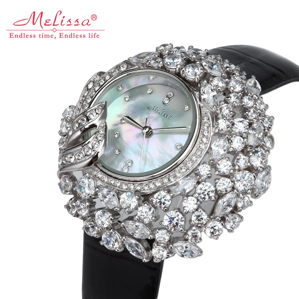 Роскошные женские часы с перламутром Melissa Стразы кристаллами модные кожаным