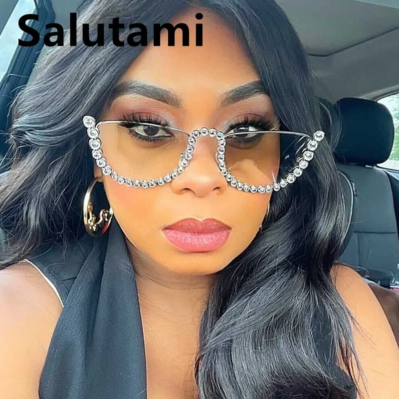 

Unique Half Frame Crystal Luxury Sunglasses For Women Vintage Brand Alloy Rhinestone Party Elegant Sun Glasses Female Chic Shade