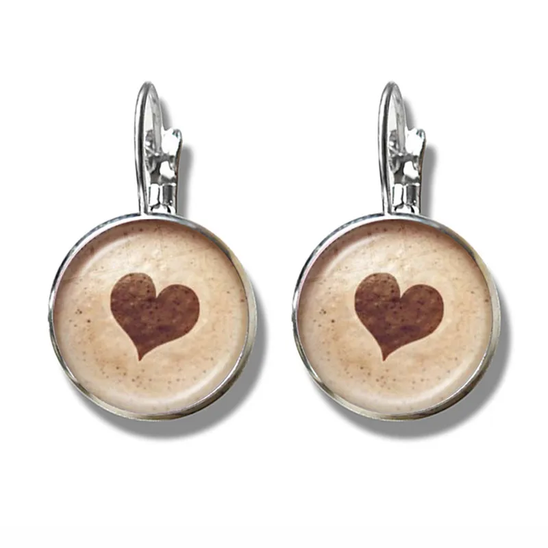 Coffee Latte Carving Love Heart Art Glass Cabochon Earrings Chocolate Printing Four Leaf Clover Cat Charm Jewelry For Women Girl | Украшения